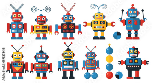 Colorful toy robots standing together.