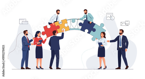 Teamwork puzzle bridge connecting business people, collaboration, strategy, success