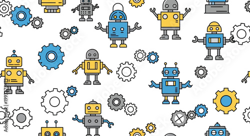 Colorful cartoon robots with gears.