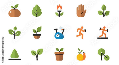 Green plants and gardening icons set.
