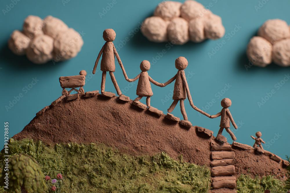 Fototapeta premium Clay animation style, a family walking down the hill