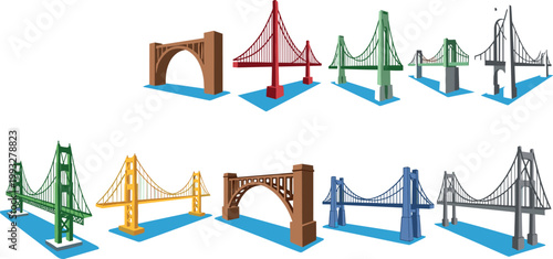 Isometric Bridge Vector Set with Suspension Arch Cable Bridge Models in Red Green Blue Yellow Gray for Architecture and City