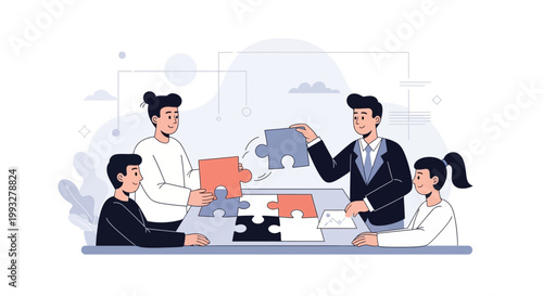 Teamwork puzzle collaboration concept, business people solving jigsaw puzzle together