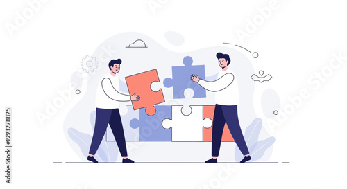 Teamwork Puzzle Solution: Two Men Collaborating to Assemble Jigsaw Pieces