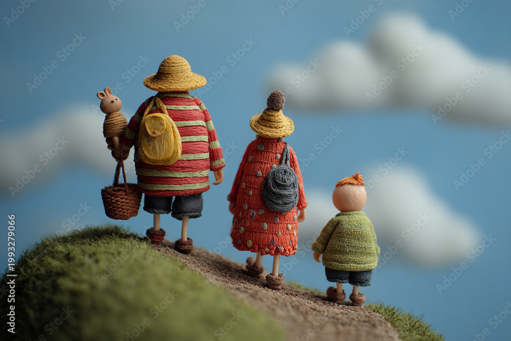 Fototapeta premium Clay animation style, a family standing on the hill