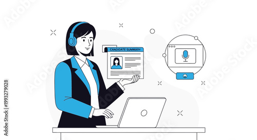 Recruiter with headphones holding candidate summary and laptop, online interview concept