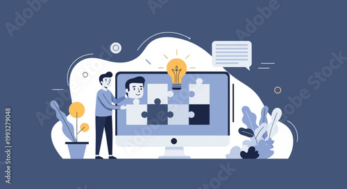 Teamwork and problem solving concept, person assembling puzzle on computer screen