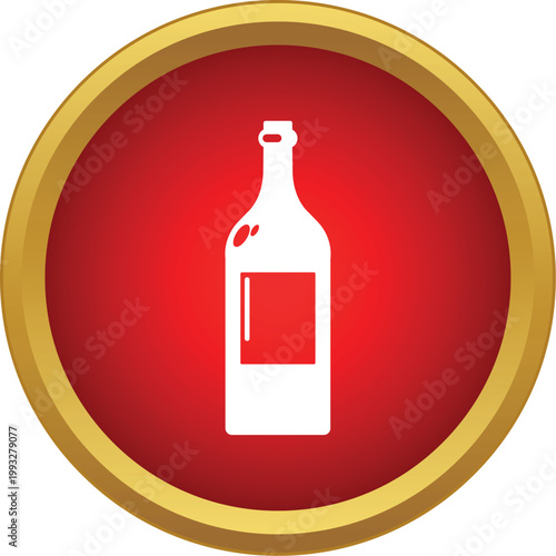 White liqueur bottle graphic in a red circle with a gold border