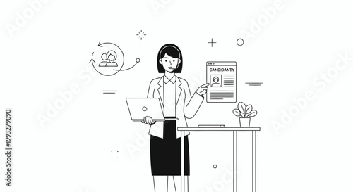 Recruitment specialist with laptop and candidate profile, human resources concept