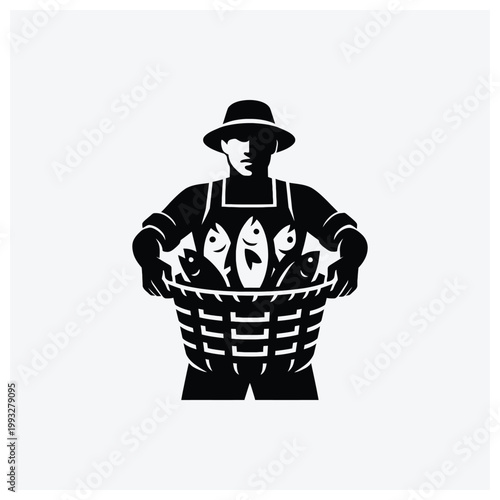 Silhouette of a fisherman or market vendor with a basket of fish