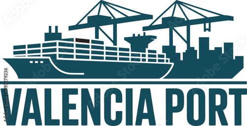 Cargo Ship and Cranes Emblem for Valencia Port with Bold Geometric Design icon set for industrial and harbor