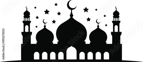 A detailed black mosque silhouette displays a large central dome, several smaller domes, and two minarets