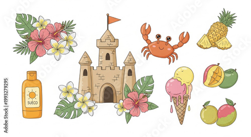 Summer Beach Vector Set with Flamingo Float, Coconut Drink, Surfboard, Watermelon, Sunglasses and Tropical Clipart Collection