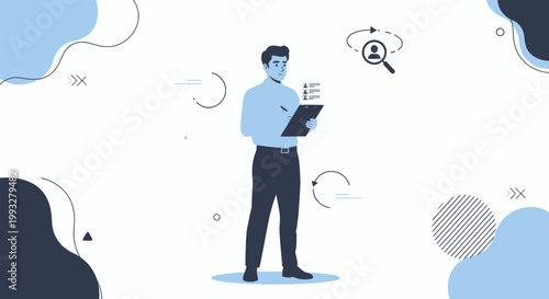 Man with Clipboard and Magnifying Glass Icon: Recruitment and HR Concept