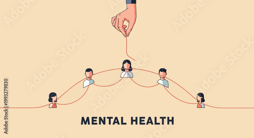 Mental health, wellness, and support concept, people connected by lines, vector illustration