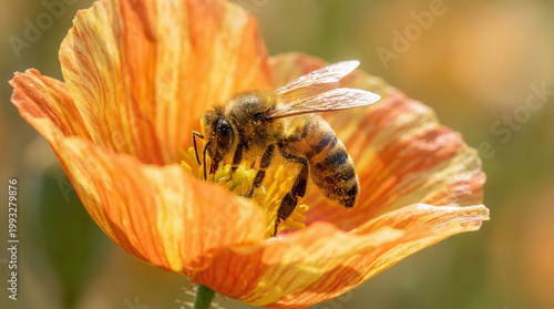 A close up macro shot of a honeybee perched on a flower