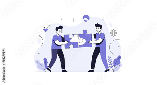 Two men assembling puzzle pieces, teamwork and problem solving concept, flat illustration