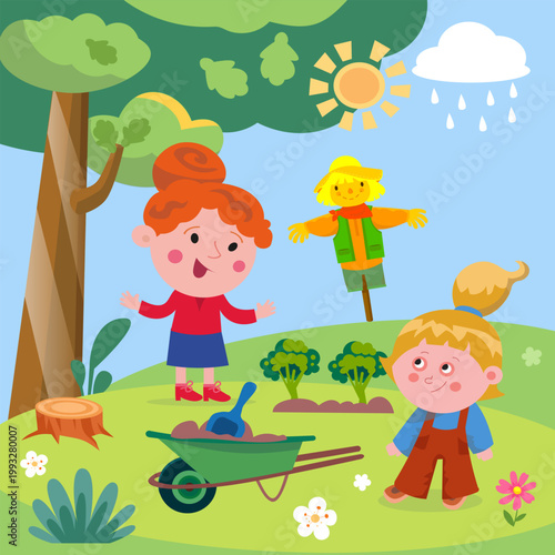Kids vector illustration featuring two girls gardening with cute scarecrow in sunny backyard. Colorful cartoon scene displays garden bed wheelbarrow and summer rain cloud creating cheerful atmosphere