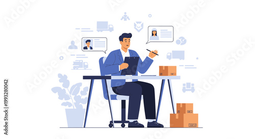 Logistics manager planning deliveries, checking customer profiles and parcels at desk