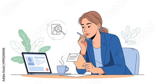 Businesswoman working at desk with laptop and coffee, analyzing data and searching for candidates