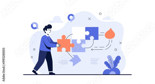 Man assembling jigsaw puzzle pieces, representing problem solving and strategy in business.