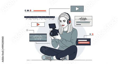 Young Woman Video Editor Working on Computer with Camera and Headphones