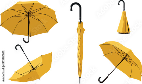 Yellow Umbrella Vector Set with Open Closed Folded Views for Rain Weather Protection Fashion Accessory and Monsoon Season Design