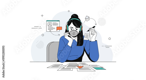 Call center agent wearing mask, working remotely with headset and documents