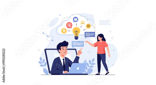 Online learning concept: man in laptop teaching woman, idea cloud, virtual education