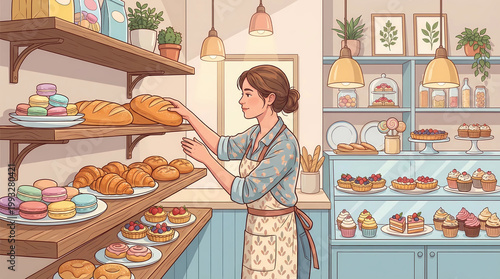 A small cozy bakery filled with colorful pastries