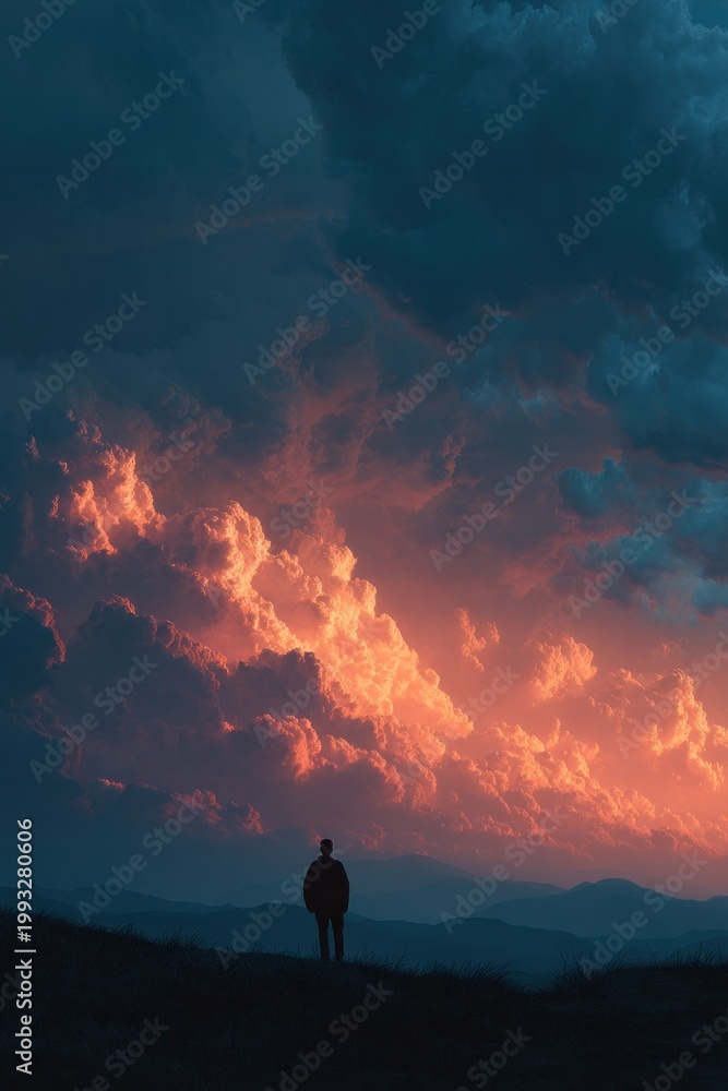 Fototapeta premium Silhouette person watching dramatic sunset clouds over mountains