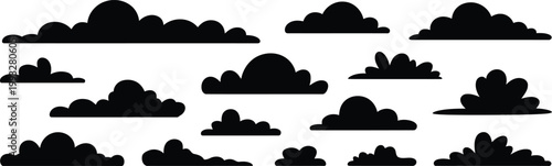 A diverse collection of black cloud shapes depicted as silhouettes on a clean white backdrop
