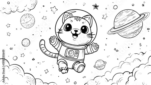 Adorable astronaut cat floating in outer space with planets and stars