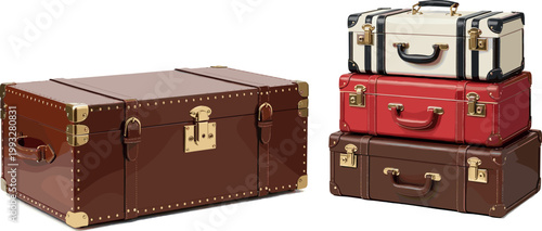 Vintage Leather Travel Luggage Vector Set with Classic Trunk and Retro Suitcases Stacked for Trip Vacation Journey and Adventure