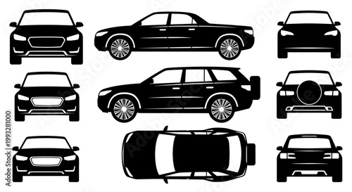 Set of Black Car Silhouettes: Front, Side, Top Views of Sedans and SUVs