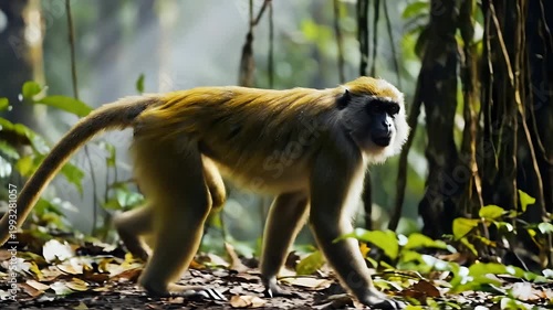 A monkey walks through a forest floor covered in leaves.