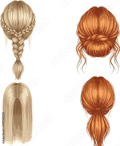 Female Hairstyle Back View Vector Set with Braided Bun Messy Updo Ponytail and Long Straight Hair for Wedding Fashion Salon Design