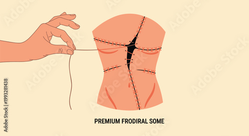 Vector stomach illustration, ripped abdomen with suture, medical diagram, health concept