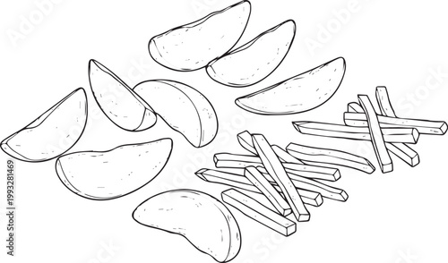 Black and white of potato wedges and french fries