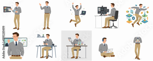 Flat Design Illustration Set of Professional Man Working, Coding, Presenting, and Celebrating in Digital Business and Technology Environment