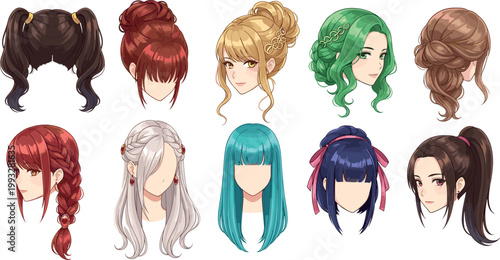 Anime Manga Girl Hairstyle Vector Set with Colorful Long Hair Bun Pigtails Braid Styles for Game Character Avatar and Female Portrait