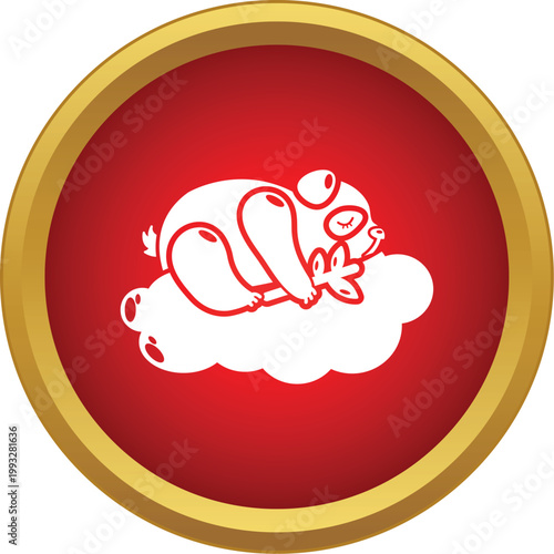 Cartoon panda bear sleeping on a soft cloud inside a red button