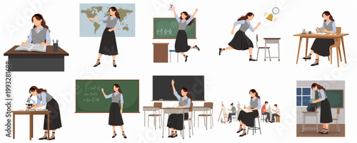 Flat Design Illustration of Young Woman Teacher Performing Diverse Academic Classroom Activities Education Concept Set