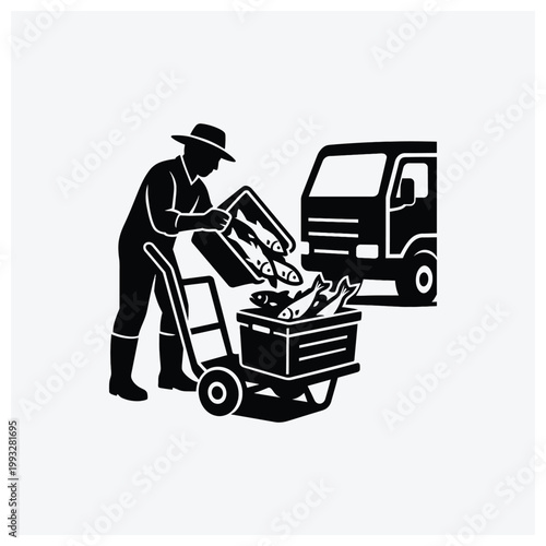 Delivery worker loading fresh fish into a truck