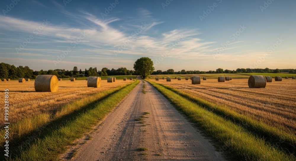 Fototapeta premium Scenic Country Road Through a Field of Hay Bales Under a Blue Sky.