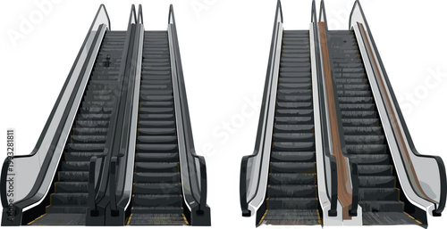 Realistic Modern Escalator Vector Set with Up Down Moving Stairs for Mall Airport Metro Station and Commercial Building Transportation Design