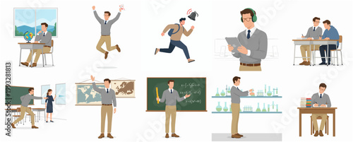 Flat Design Character Illustration Set Depicting Young Student Life, Education, and Classroom Activities
