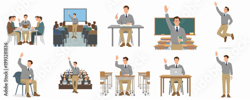 Modern Flat Style Young Man Raising Hand Asking Question Learning Education Meeting Classroom Illustration