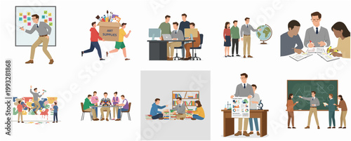 Modern Flat Design Illustration Set Depicting People Working, Learning, Collaborating, and Teaching Together
