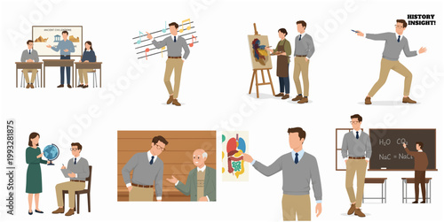 Modern Flat Illustration Set of Male Teacher Character Engaging in Diverse Educational Activities with Student in Classroom